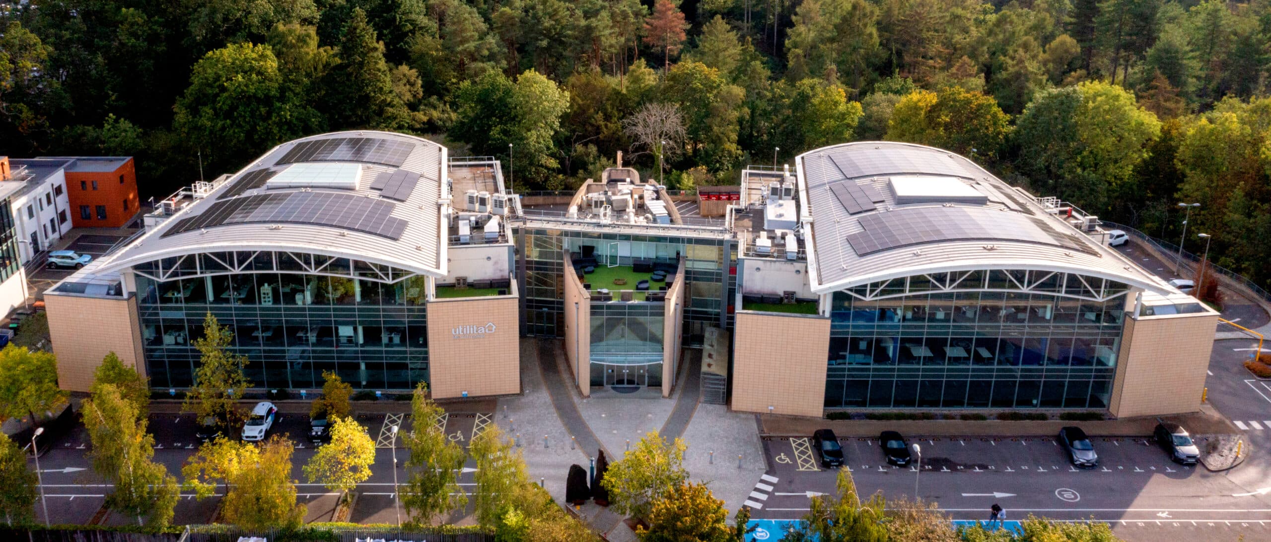 Ariel view of Hutwood Court, Utilita's Head Office, with newly installed solar panels to support with our decarbonisation.