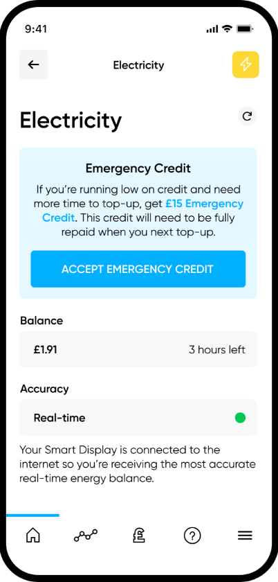 Smart phone displaying details about electricity supply in My Utilita app,
                    with an option to accept £15 Emergency Credit