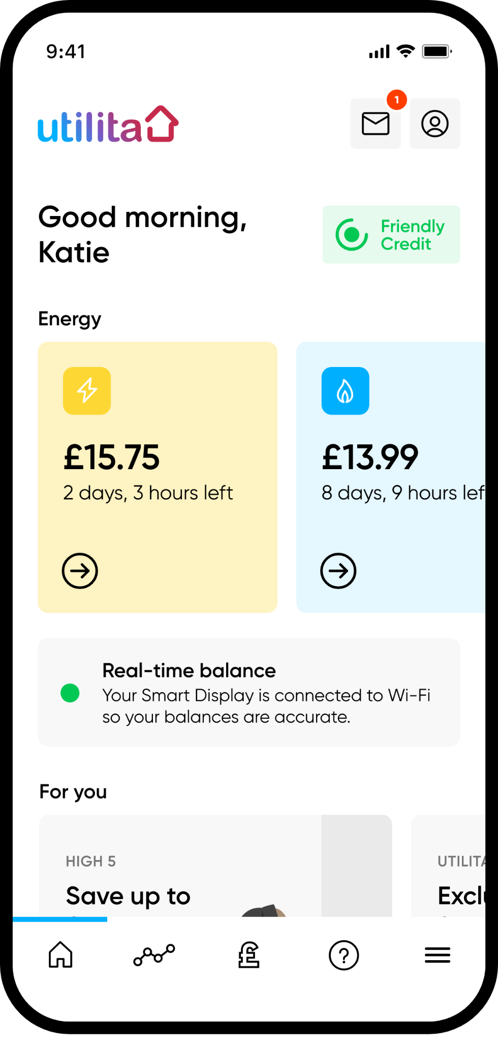 Smart phone displaying real-time electricity and gas balance on My Utilita
                     energy app, with Friendly Credit hours active