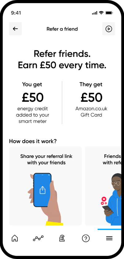 Smart phone displaying Refer A Friend feature in My Utilita app
                   – enabling users to earn £50 for every friend they refer
