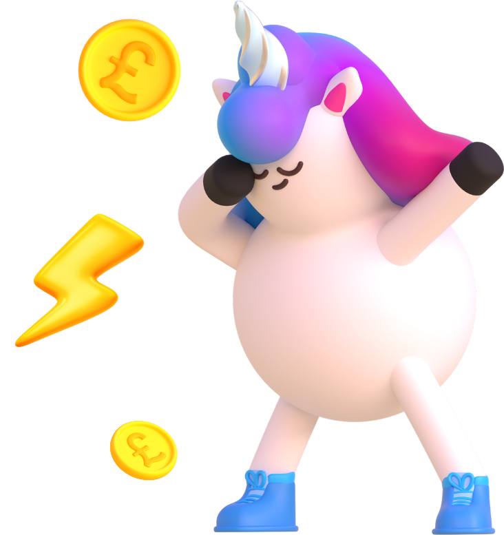 Illustrated unicorn performing a dab dance move to point out the fact you can top-up anywhere with the My Utilita energy app