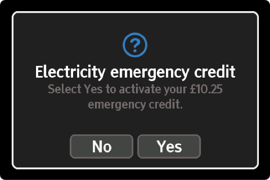 In Home Display screen showing the option to activate Emergency Credit when your balance is low.