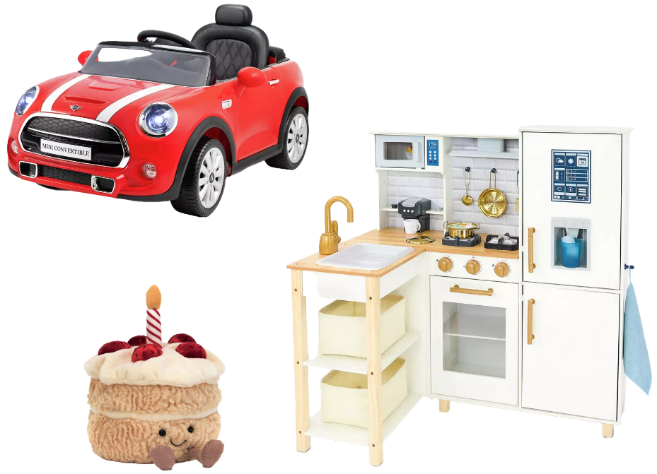 Black Friday gifts with a Mini Cooper Ride on Car, Ultimate Jellycat Bundle & Chad Valley Wooden Toy Kitchen with accessories.