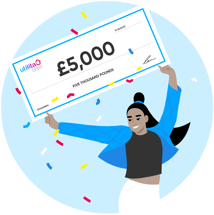 Illustration of lady celebrating, holding a large £5,000 cheque above her head