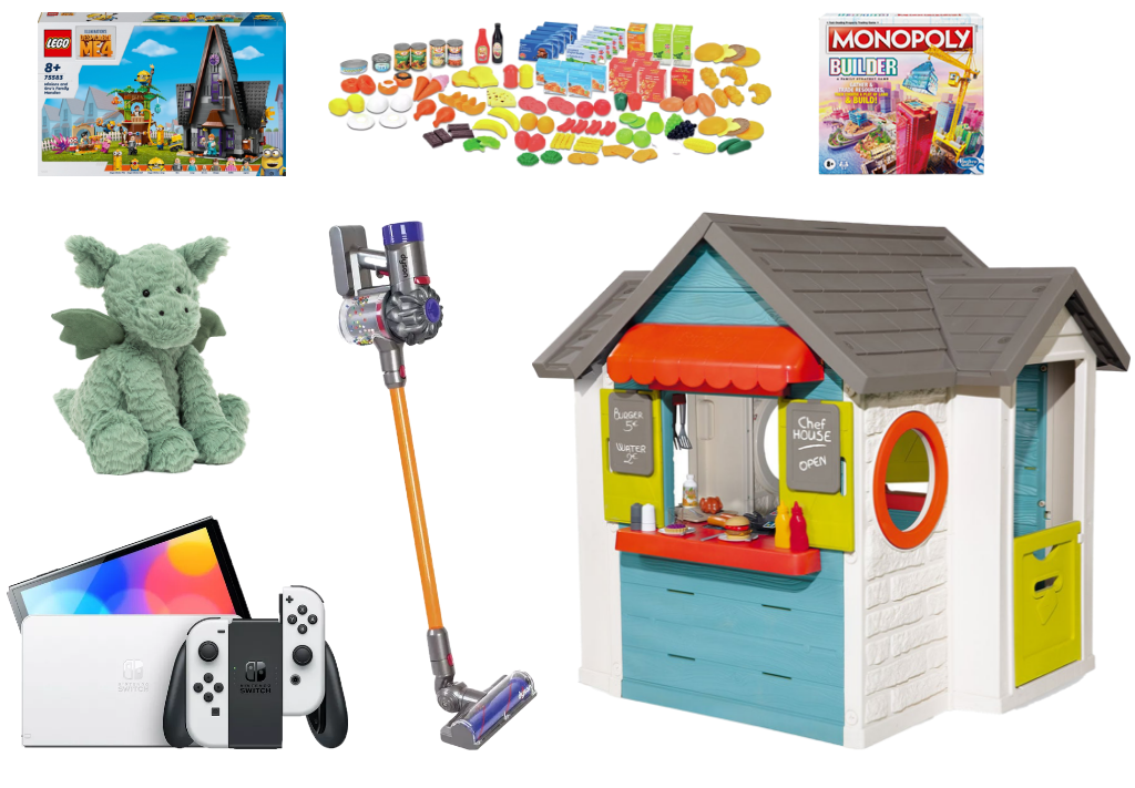 Black Friday gifts with Smoby Chef Playhouse, Toy Vacuum, Nintendo Switch OLED, Jellycat toy, Lego set, and Monopoly game.5