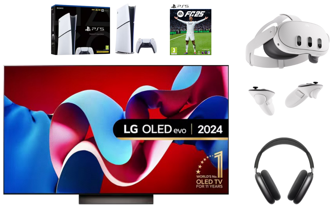 Black Friday gifts with LG OLED 55 inch TV, Meta Quest 3, Apple Airpods max, and Playstation 5