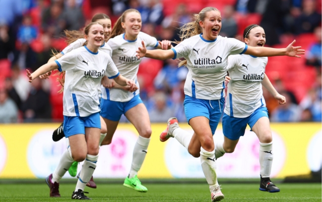 EFL Girls cup finalists celebrating penalty shootout win