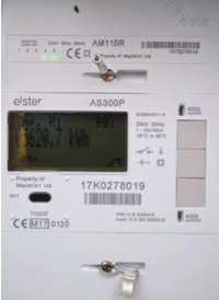 Elster SMETS1 Electricity Smart Meter with a barcode, green display and three buttons
