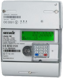 Secure 1 Electricity Smart Meter with two barcodes, a green display, a keypad, a blue ‘A’ button, and a red ‘B’ button