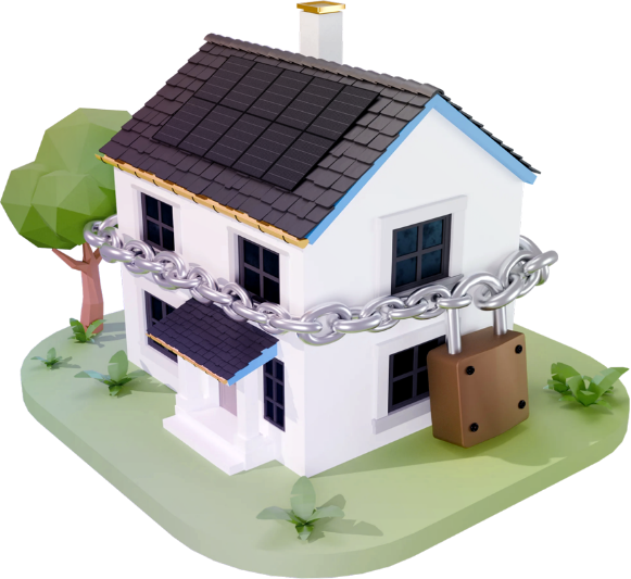 Illustration of a house with a solar panel system installed on the roof, wrapped in a chain & padlock