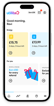 Mobile phone displaying the My Utilita app home screen, directing customers to the refer a friend to get their unique link.