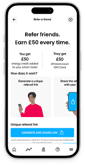 Mobile phone displaying the My Utilita app refer a friend screen, directing users to download their unique referral link.