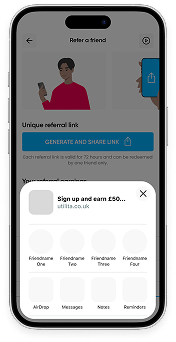 Mobile phone displaying a share sheet, allowing customers to share their refer a friend link to friends with different apps